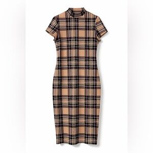 NWOT - SHEIN Plaid Bodycon Midi Mock Neck Short Sleeve Dress